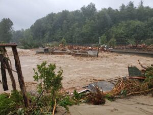 Flood damage to roads and bridge after Hurricane Helene